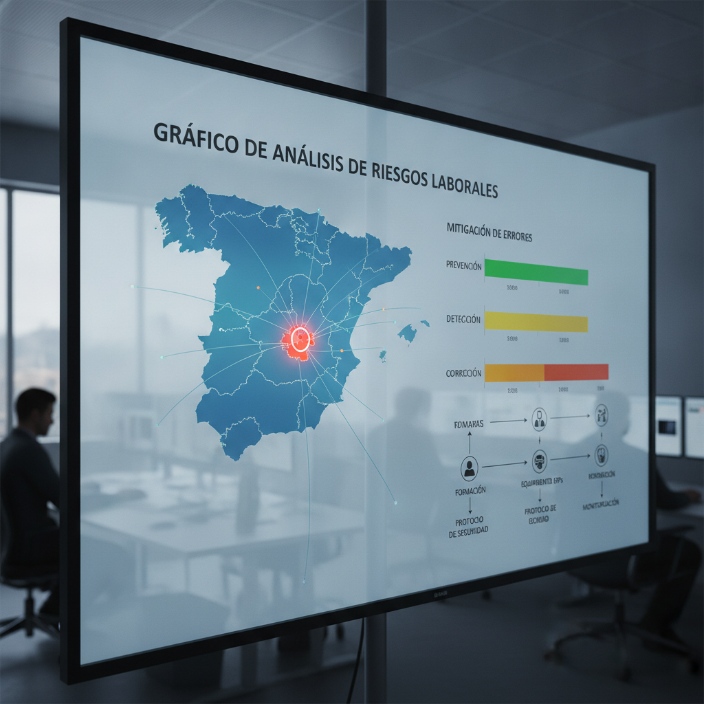Gráfico de análisis de riesgos laborales con un mapa de España señalando Toledo, mostrando la mitigación de errores.