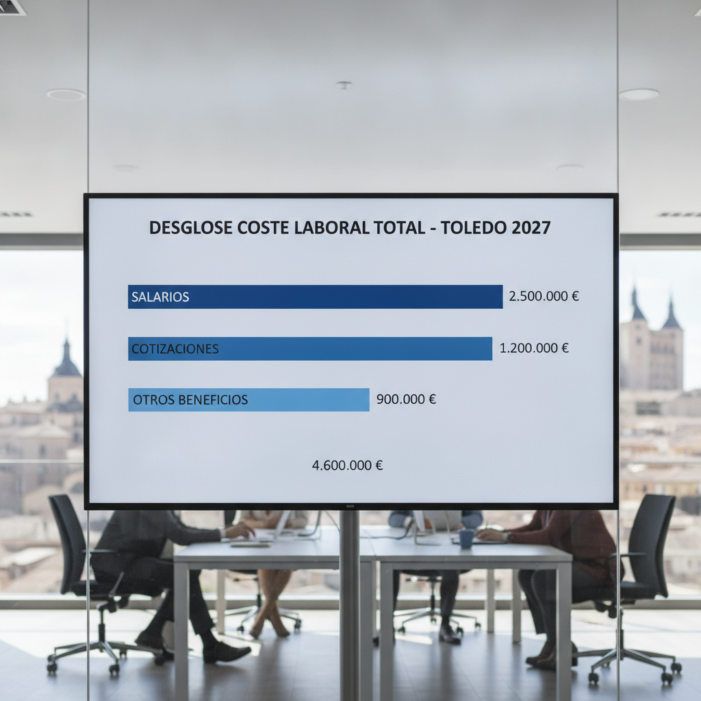 Gráfico de barras mostrando el desglose del coste laboral total para una empresa en Toledo, incluyendo salarios, cotizaciones y otros beneficios, para el año 2027.