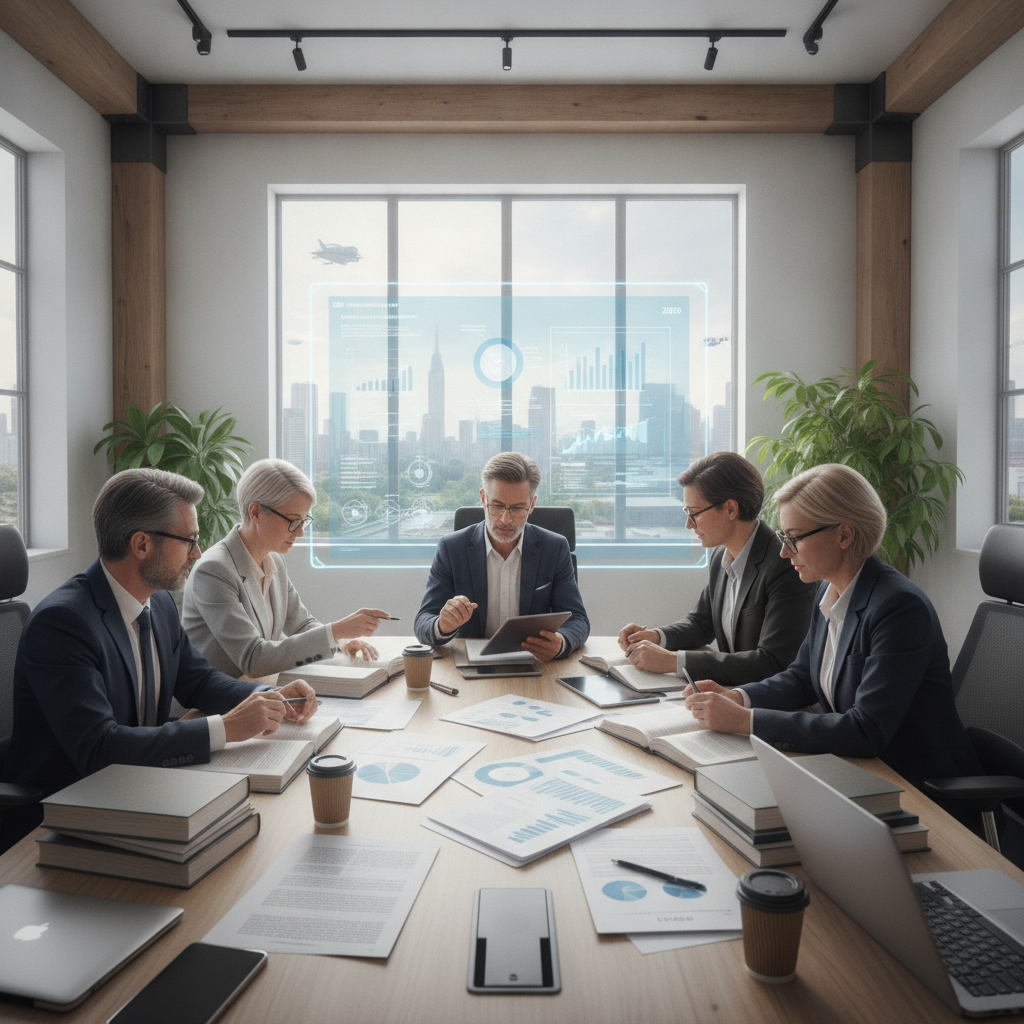Equipo de asesores laborales y financieros analizando documentos de convenios colectivos y normativas en un entorno de oficina moderna en 2026.