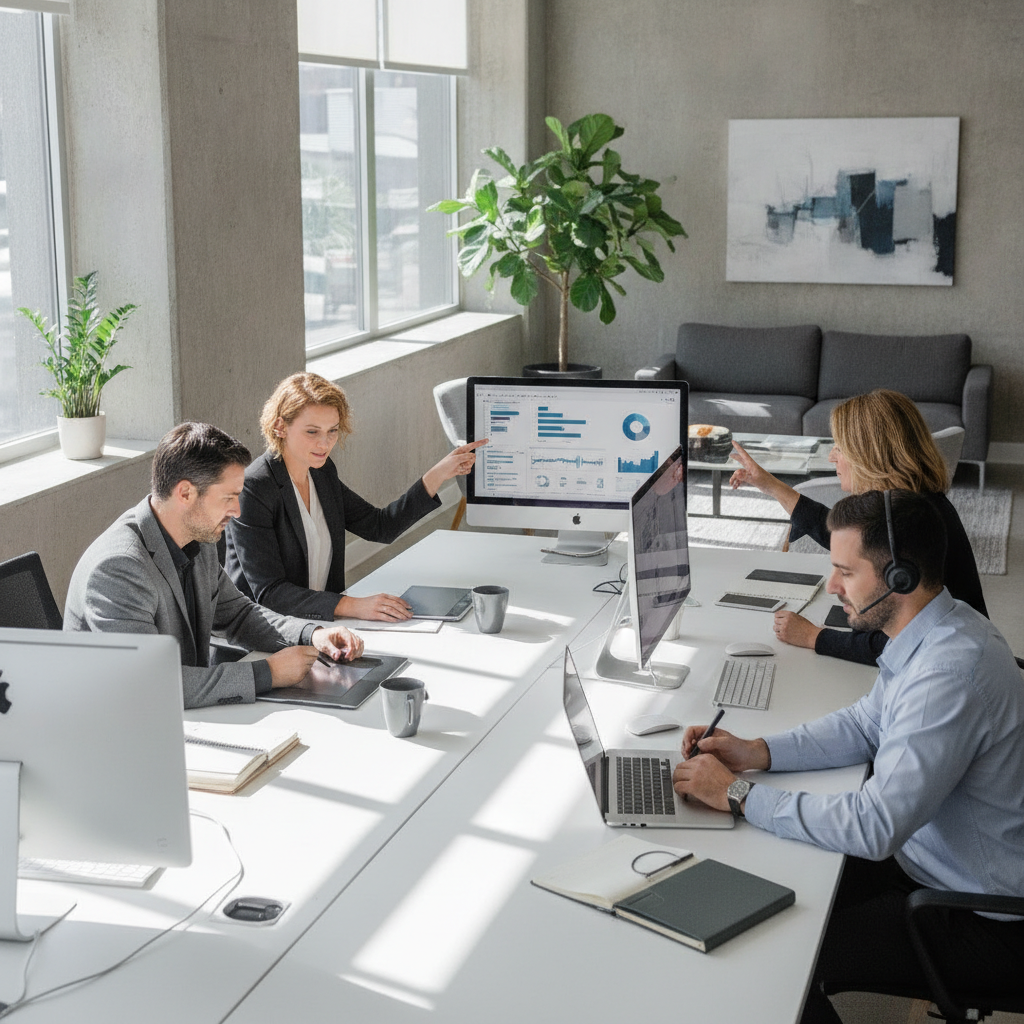 Equipo de asesores laborales trabajando con herramientas digitales en una oficina moderna