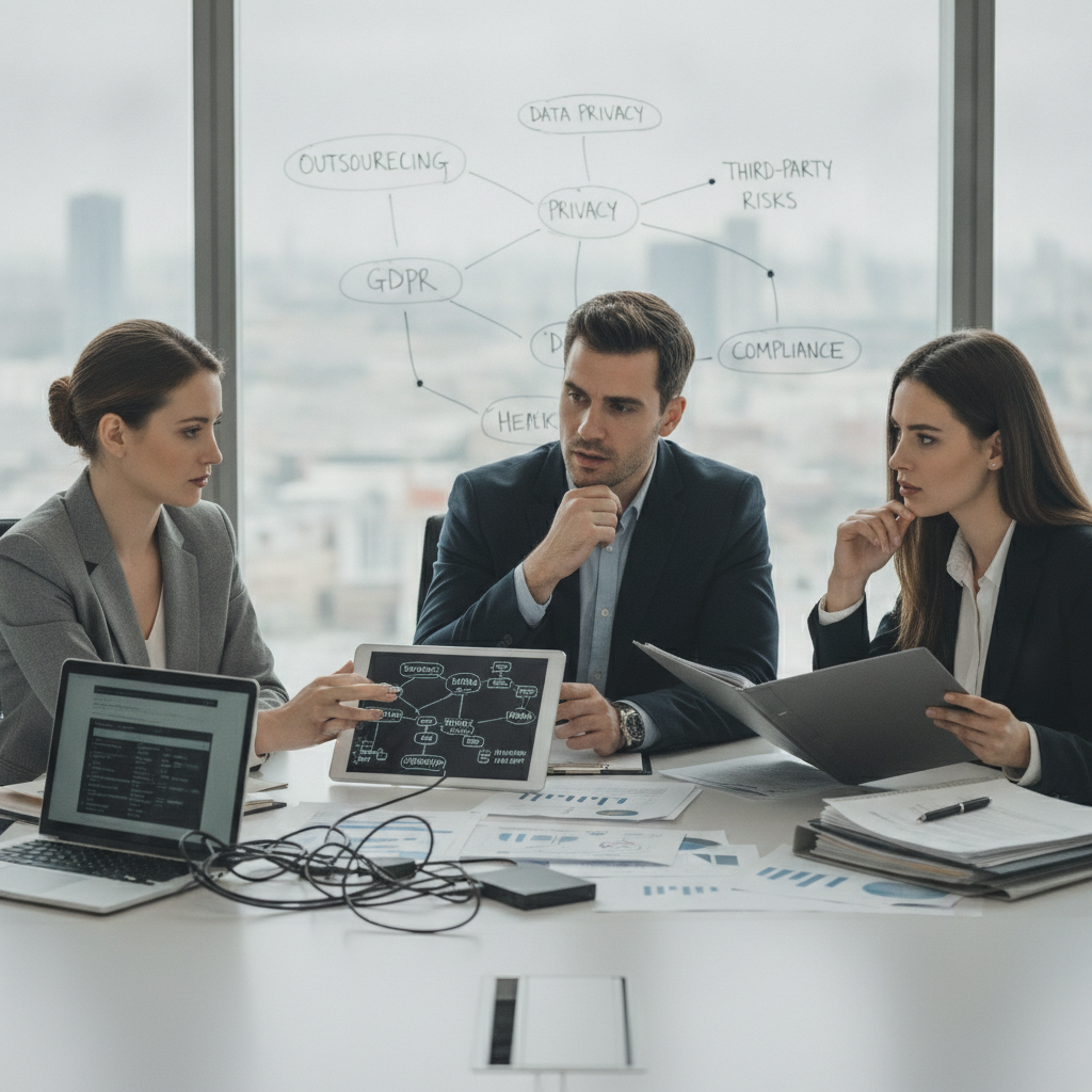 Profesionales de RRHH discutiendo sobre la subcontratación y protección de datos, mostrando la complejidad de la gestión de información con terceros.
