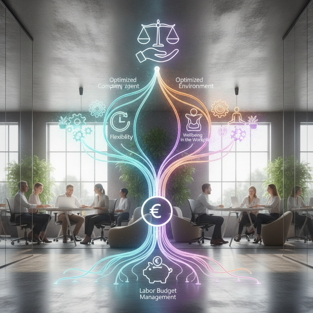 Representación de políticas internas optimizadas para la gestión de un presupuesto laboral, incluyendo flexibilidad y bienestar en el entorno de trabajo de una empresa.
