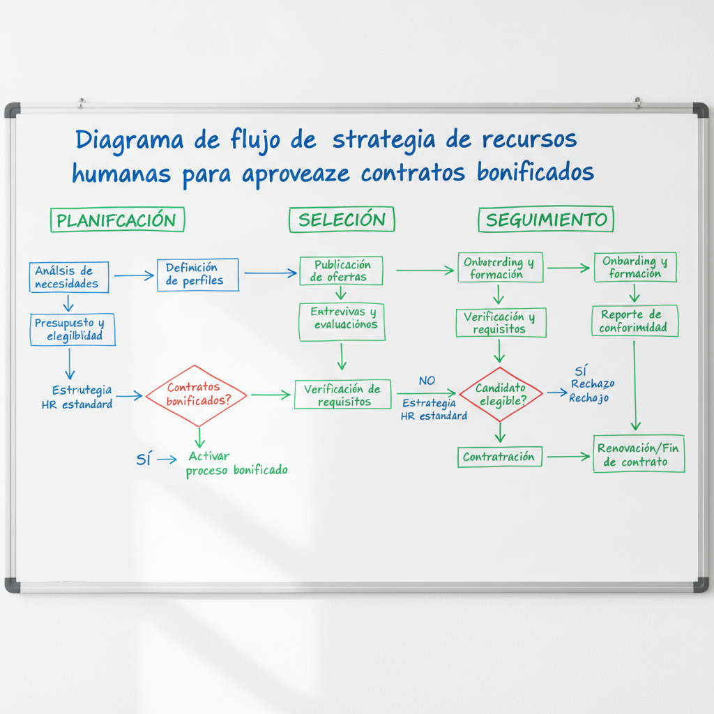 Diagrama de flujo de estrategia de recursos humanos para aprovechar contratos bonificados, mostrando planificación, selección y seguimiento.