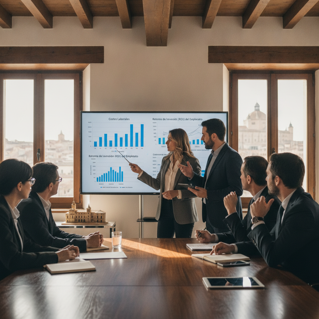 Profesionales de una gestoría laboral en Toledo explicando gráficos de costes laborales y retorno de inversión (ROI) del empleado a directivos de una empresa en crecimiento.
