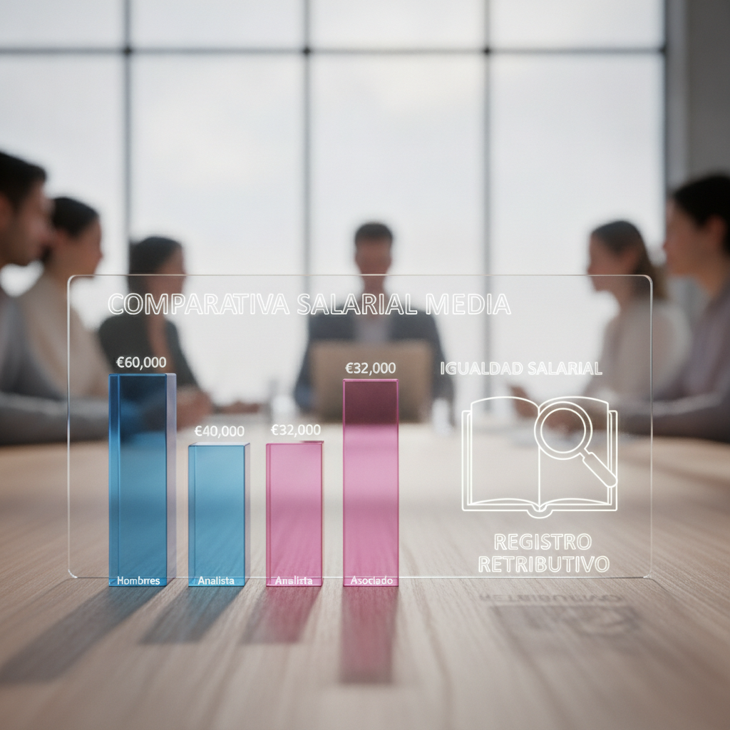 Gráfico de barras comparando salarios medios por género y puesto, ilustrando la importancia del registro retributivo y la igualdad salarial en una auditoría laboral.