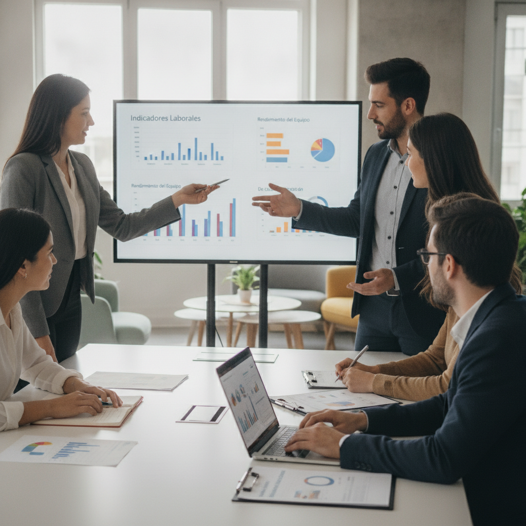Equipo de empresa en crecimiento colaborando, implementando políticas internas y usando indicadores laborales para la gestión del desempeño