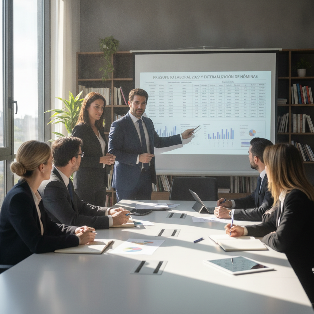 Especialistas de gestoría laboral explicando el presupuesto laboral 2027 y la externalización de nóminas a un equipo de dirección