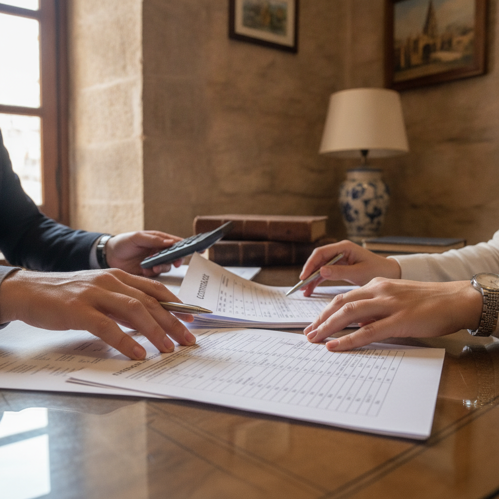 Detalle de manos de profesionales de gestoría laboral revisando documentación de contratos y nóminas en un despacho en Toledo.