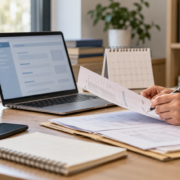 Manos revisando documentos junto a un portátil y un calendario