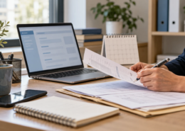 Manos revisando documentos junto a un portátil y un calendario