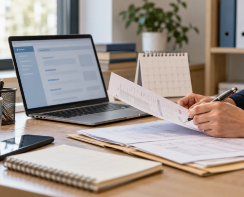 Manos revisando documentos junto a un portátil y un calendario