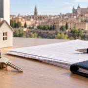 Llaves, documentos y una pequeña casa sobre una mesa con Toledo al fondo