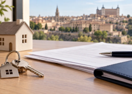 Llaves, documentos y una pequeña casa sobre una mesa con Toledo al fondo