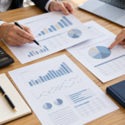 Manos comparando documentos financieros junto a una calculadora y un portátil