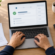 Manos utilizando un portátil junto a documentos y una calculadora