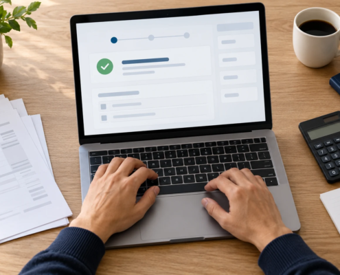 Manos utilizando un portátil junto a documentos y una calculadora